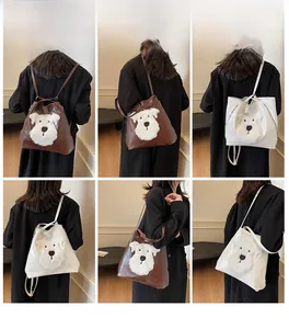 Detailed views of the plush schnauzer dog backpack in dark brown and cream white