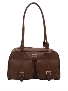 Vintage brown leather bowling bag with front pockets and adjustable shoulder strap