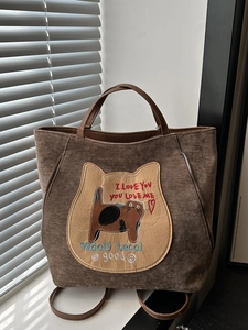 Women Tote Bag Corduroy Large Capacity Cat Patch Embroidery Retro Fashion Casual Daily Shoulder Handbag