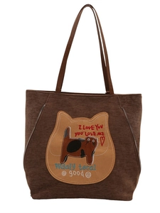 Brown corduroy tote bag with cat embroidery and side zipper details on white background