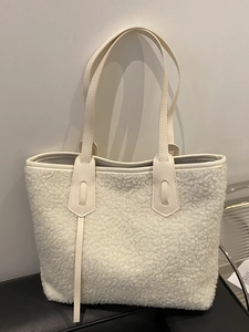 Borsa Tote In Peluche Da Donna Lana Sintetica Grande Capacità Manico In Pelle PU Cerniera Minimalista Autunno Inverno