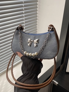 Sac Sous Le Bras Pour Femmes Décor De Nœud En Métal Chaîne De Künstliche Perles Denim Toile Cuir PU Rétro Y2K Sac Hobo Demi Lune