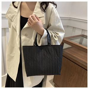 Chic black pleated tote bag for women, large capacity shoulder bag with ruched design