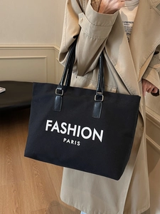 Black canvas tote bag with Fashion Paris print and faux leather straps for women