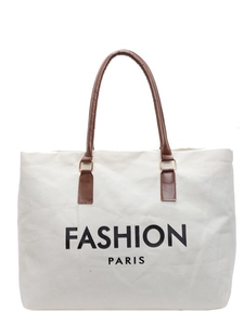 Minimalist canvas tote bag with brown leather handles and Fashion Paris print