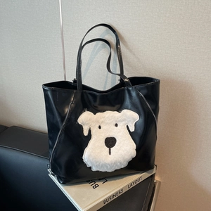 Women Fashion Large Capacity PU Leather Tote Bag With Plush Dog Patch Casual Shoulder Bag Urban Style Commuting Handbag