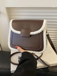 Sac Bandoulière Femme Cuir PU Avec Bordure En Faux Agneau Petit Sac Carré À Rabat Mode Hiver Rétro