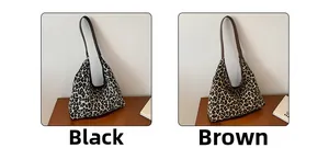 Detailed comparison of leopard print tote bags in black and brown fabric options
