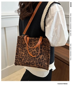 Detail of trendy leopard print tote bag with long leather straps and rectangular structure