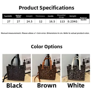 Detailed size chart for leopard print tote bag with dimensions and strap length info