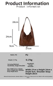 Detailed size specifications for the brown PU leather shoulder bag and carrying methods