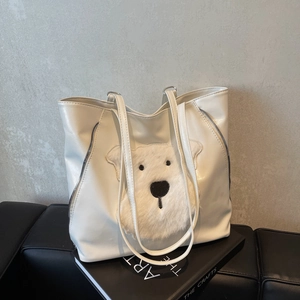 White large capacity tote bag with 3D plush polar bear design and PU leather straps