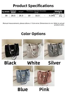 Detailed size specifications for a wrinkled PU tote bag with bow and pearl chain decoration