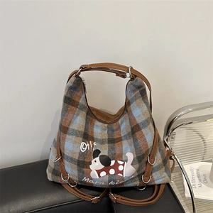 Retro Plaid Shoulder Bag Fabric PU Leather Cartoon Dog Print Large Capacity Underarm Tote For Women Casual Commuting