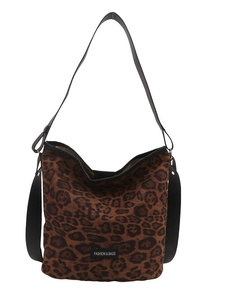 Grande borsa a secchiello stampa leopardata in pelle scamosciata con tracolla nera