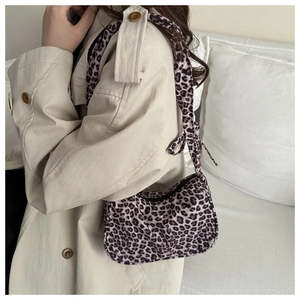 Detail of hobo shoulder bag with leopard print texture and black zipper closure