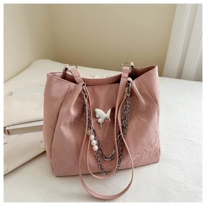 Pink pleated tote bag with silver chain, pearl charm and butterfly pendant for women
