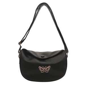 Versatile black semi-moon crossbody bag with butterfly embroidery and lychee texture