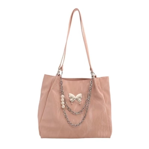 Pink nylon tote bag with metallic butterfly and pearl chains shown in a front view