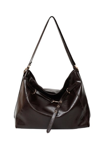 Retro coffee brown high-gloss leather hobo bag with large capacity and golden hardware