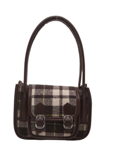 Vintage checkered wool underarm bag with brown leather straps and silver buckles