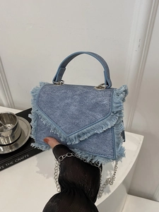 Denim Fringe Crossbody Bag Women Tassel Chain Shoulder Handbag Envelope Flap Urban Style Small Blue Fashion