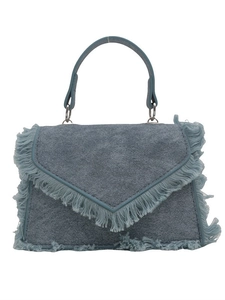 Blue suede fringe handbag with envelope flap and top handle for women's fashion