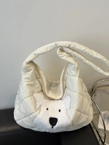Women Large Capacity Quilted Tote Bag Fashion Rhombic Nylon Shoulder Bag With Cute Plush Dog Patch Casual Commuting Handbag