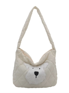 White quilted tote bag with cute puppy patch and spacious single shoulder strap design