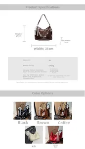 Detailed chart showing size 35x29x13cm and color options for large capacity PU tote bag