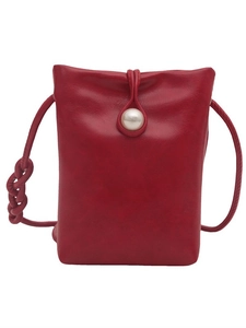 Red mini crossbody phone bag with large pearl buckle and woven shoulder strap details