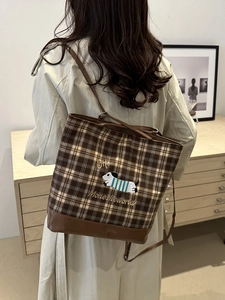 Brown plaid tote bag with cute dog embroidery and leather trim for women autumn style