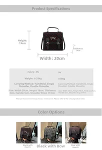 Detailed size chart and multi-color options for ballet-style mini PU backpack with bows