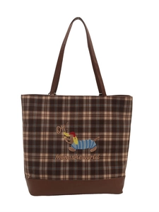 Large plaid tote bag for women featuring cute dachshund embroidery and brown PU leather trim