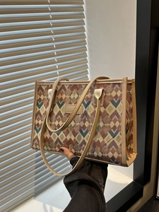 Borsa Tote in Tela a Quadretti da Donna Grande Capacità Motivo Geometrico Borsa a Tracolla da Pendolare Vintage Intrecciata