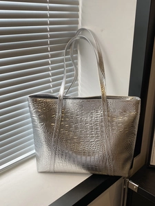 Sac Fourre-Tout Femme En Cuir PU Gaufré Alligator Grande Capacité Métallique Brillant Sac À Épaule Mode