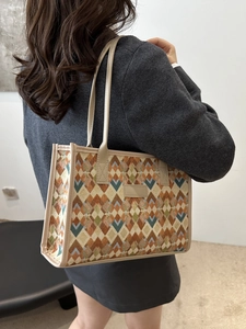 Borsa tote in tela con motivo Argyle vintage e manici in pelle beige per donna
