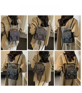 Multiple views of a stylish polka dot backpack with metallic bow and buckle details