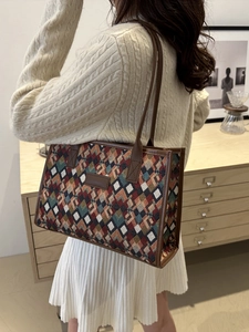 Borsa tote in tela a quadri con motivi intrecciati colorati e grande capacità per il lavoro