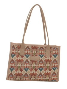 Borsa tote grande con motivo a rombi geometrici e manici in pelle marrone per il lavoro