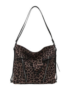 Bolso tote grande de leopardo con correas dobles y detalles de cremallera con flecos