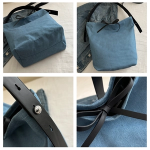 Detailed views of denim bucket bag showing bow accent and black leather straps