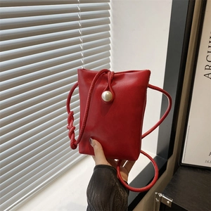 Women Mini Crossbody Phone Bag PU Leather Large Faux Artificial Pearl Buckle Square Shape Braided Knot Strap Minimalist Casual