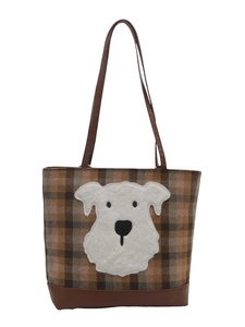 Sac fourre-tout en laine à carreaux marrons avec applique chien et poignées en cuir