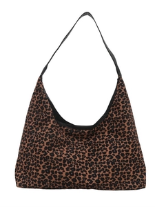Large leopard print canvas tote bag with black shoulder strap on white background
