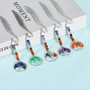 Vintage Alloy Feather Bookmark With Chakra Natural Stone Beads Wire Wrapped Tree Of Life Pendant Crystal Reading Accessory