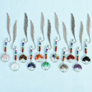 Set of 12 vintage silver metal feather bookmarks with colorful crystal tree of life charms