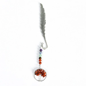 Silver feather bookmark with colorful seven chakra beads and tree of life crystal charm