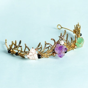 Tiara de Corona de Piedra en Bruto de Cristal Hecha a Mano Vintage Estilo Rama Diadema de Amatista Perla para Boda Mujer