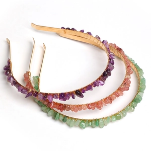 Three handmade gold crystal headbands with amethyst, strawberry quartz and aventurine stones